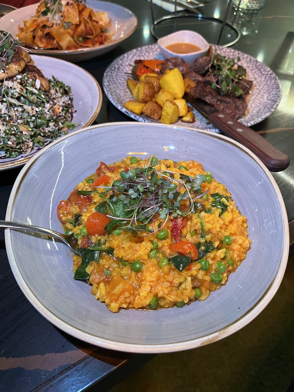 Plated mains at Planar Restaurant including risotto, salad, and grilled meat