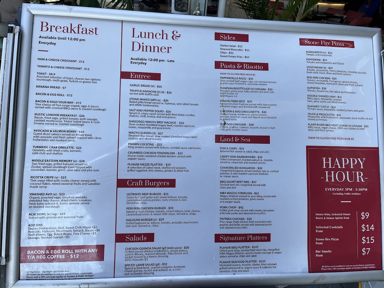 On-site menu board at Planar Restaurant
